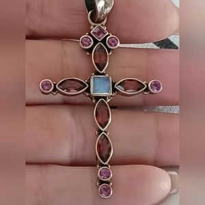 Nicky Butler Sterling Silver 925 Cross Pendant NB Garnet Moonstone Rhodolite